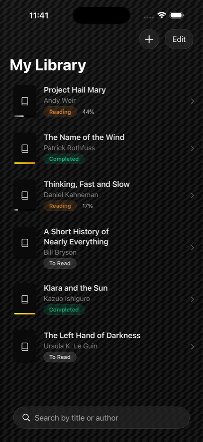 Bookbuddy library screen showing books with reading status and progress